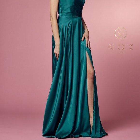 GREEN COLOR SATIN OPEN BACK PROM PARTY A-LINE LONG GOWN DRESS NX1020 - Picture 3 of 7